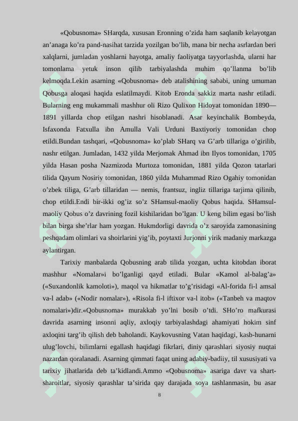 KAYKAVUSNING QOBUSNOMA  ASARI VA UNING TARBIYAVIY AHAMIYATI 8