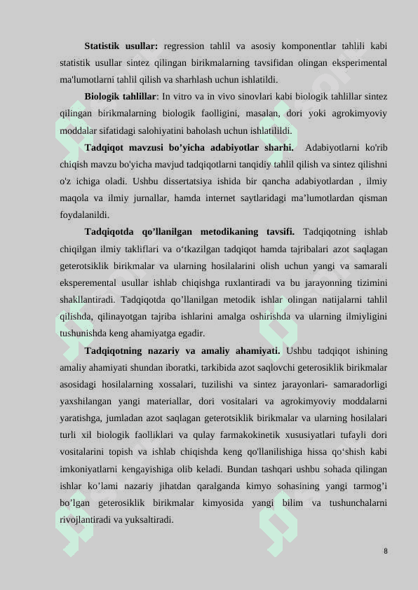 TARKIBIDA AZOT SAQLOVCHI GETEROTSIKLIK BIRIKMALAR ASOSIDAGI HOSILALARINING SINTEZI, TUZILISHI VA XOSSALARI 6