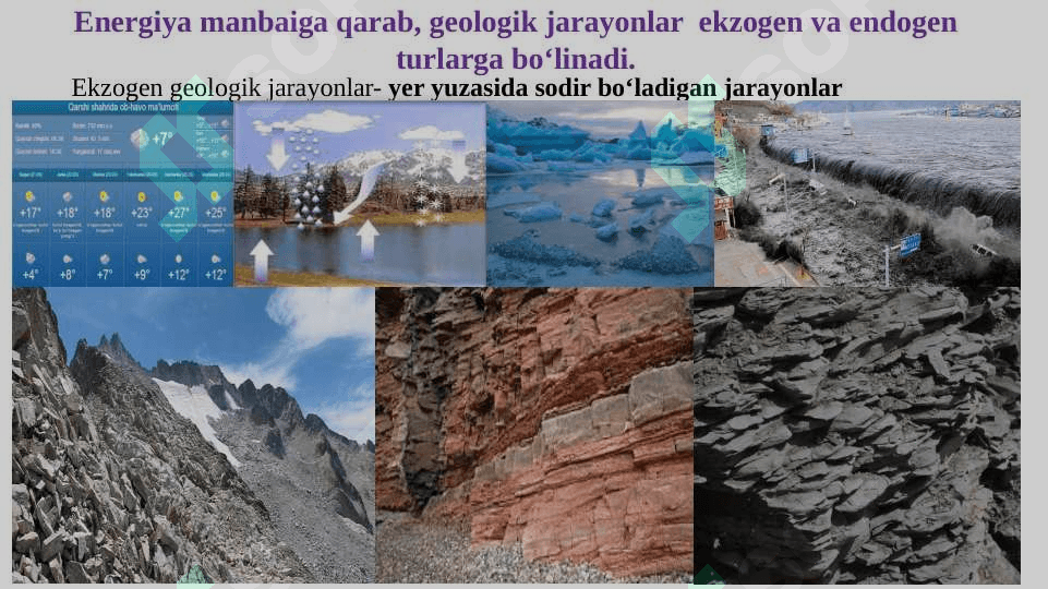 GEOLOGIK JARAYONLAR. ENDOGEN GEOLOGIK JARAYONLAR.MAGMATIZIM VA VULKONIZIM.MAGMATIK TOG’ JINSLARI 4