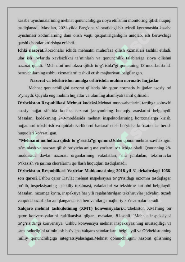 Mehnat to‘g‘risidagi qonunchilikka rioya etilishi ustidan nazorat va tekshirish. 25 5