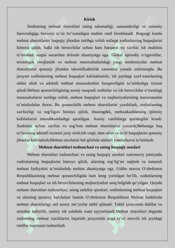 Xodimning mehnat sharoitlari bilan bog‘liq mehnatini huquqiy jihatdan tartibga solishning o‘ziga xos xususiyatlari. 25 2