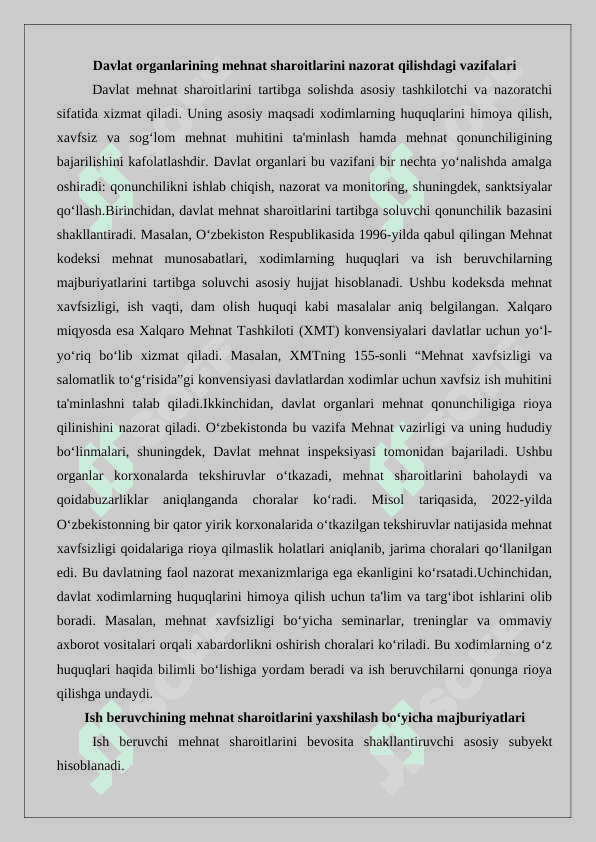 Xodimning mehnat sharoitlari bilan bog‘liq mehnatini huquqiy jihatdan tartibga solishning o‘ziga xos xususiyatlari. 25 6