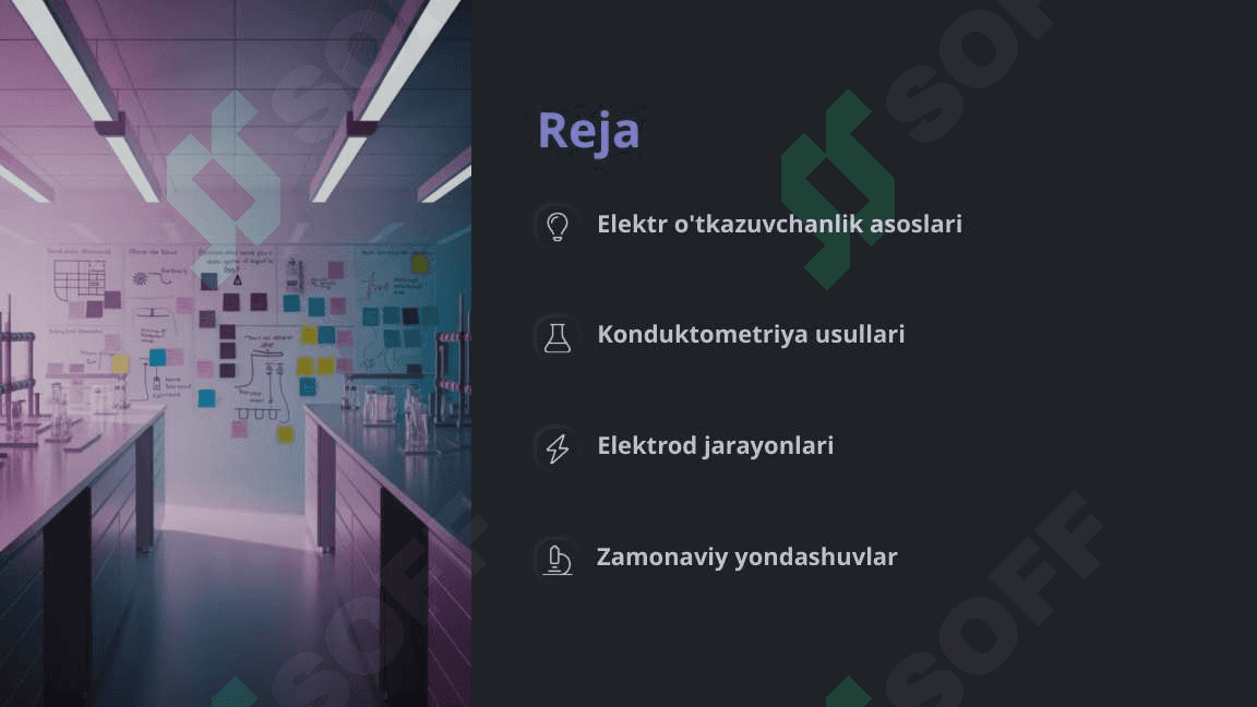 Elektirkimyo asoslari. Elektr o'tkazuvchanlik. Konduktometriya. 2