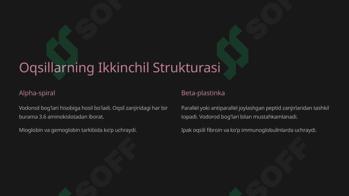 Peptid va oqsillar. Oqsillarning fazoviy konformatsiyalari. Peptid va oqsillarning funksiyalari. Oqsillarning fizik-kimyoviy xossalari. 4