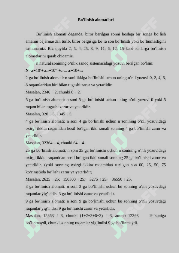 Bo’linish alomatlari. 2