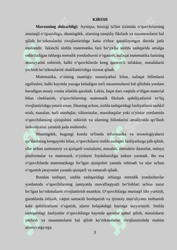 IKKINCHI SINFDA MATEMATIKADAN SINFDA TASHQARI ISHLARNI TASHKIL QILISH METODIKASI. 3