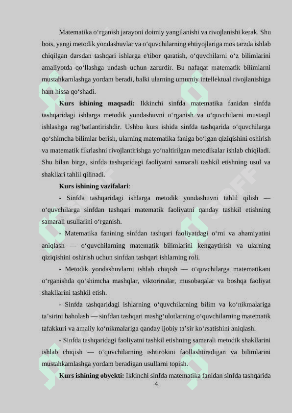 IKKINCHI SINFDA MATEMATIKADAN SINFDA TASHQARI ISHLARNI TASHKIL QILISH METODIKASI. 4