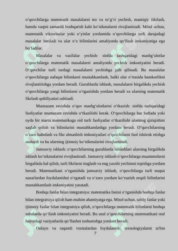 IKKINCHI SINFDA MATEMATIKADAN SINFDA TASHQARI ISHLARNI TASHKIL QILISH METODIKASI. 7