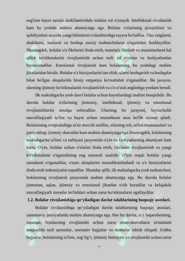 ILK MAKTABGACHA YOSHDAGI BOLALARNING RIVOJLANISHIGA QO‘YILADIGAN DAVLAT TALABLARINING MAZMUN VA MOHIYATI 7