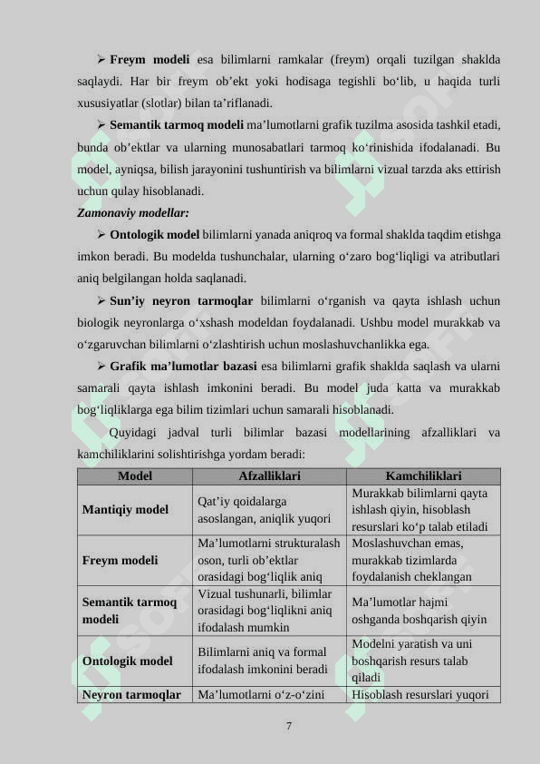 Bilimlar bazasini taqdim etishning zamonaviy modellarini tahlil qilish 7