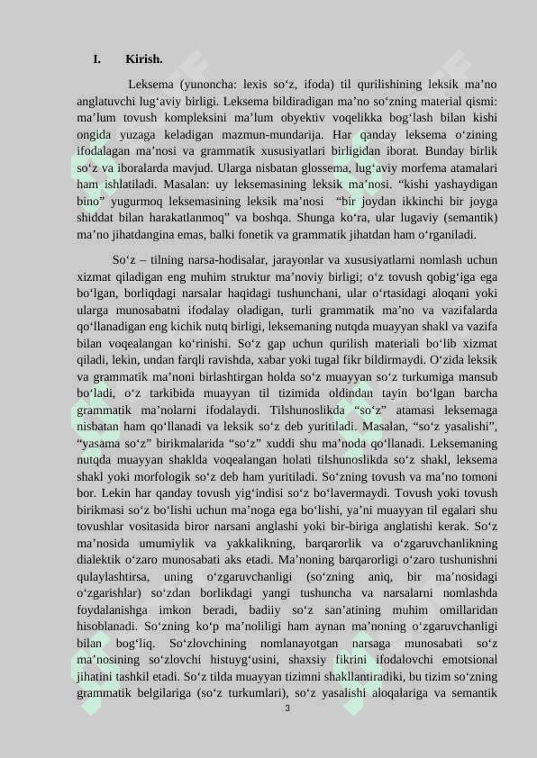O‘zbek tilshunosligida leksema va so‘z munosabati talqini KURS ISHI 3