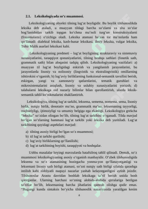 O‘zbek tilshunosligida leksema va so‘z munosabati talqini KURS ISHI 6