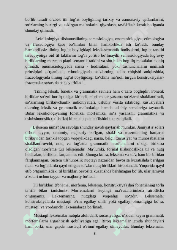 O‘zbek tilshunosligida leksema va so‘z munosabati talqini KURS ISHI 8