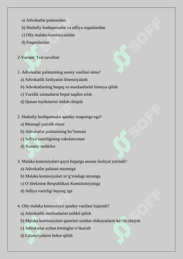 Advokatning O’zbekiston Respublikasi Advokatlar palatasi va uning hududiy boshqarmalari organlari, shuningdek malaka komissiyalari bilan munosabatlari.  test savollari 3