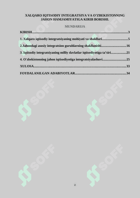 XALQARO IQTISODIY INTEGRATSIYA VA O’ZBEKISTONNING JAHON HAMJAMIYATIGA KIRIB BORISHI 2