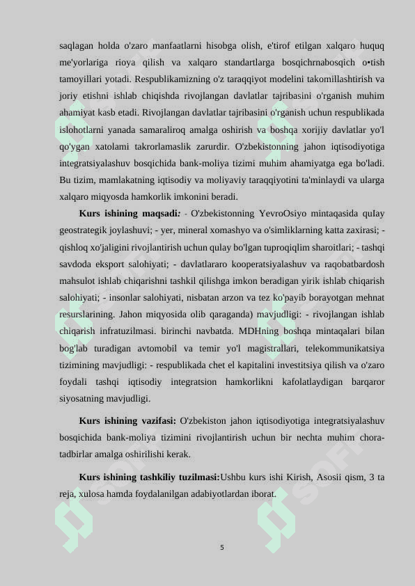 XALQARO IQTISODIY INTEGRATSIYA VA O’ZBEKISTONNING JAHON HAMJAMIYATIGA KIRIB BORISHI 5
