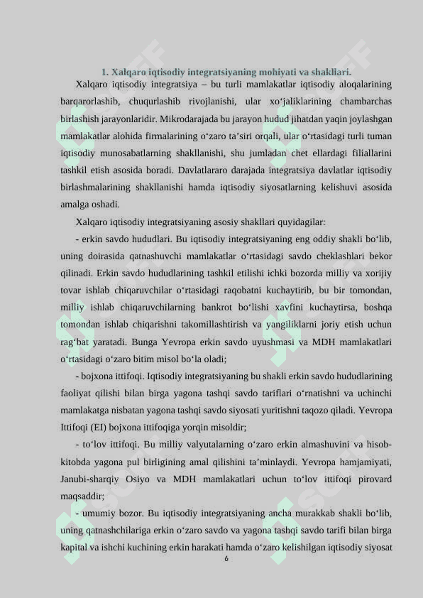 XALQARO IQTISODIY INTEGRATSIYA VA O’ZBEKISTONNING JAHON HAMJAMIYATIGA KIRIB BORISHI 6