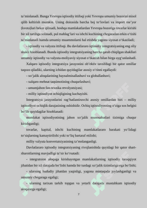 XALQARO IQTISODIY INTEGRATSIYA VA O’ZBEKISTONNING JAHON HAMJAMIYATIGA KIRIB BORISHI 7