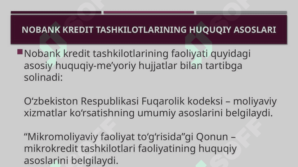 Nobank kredit tashkilotlari ular faoliyatning huquqiy asoslari va xususiyatlari. Lombardlar va mikrokredit tashkilotlarining tarkibi va vazifalari 3