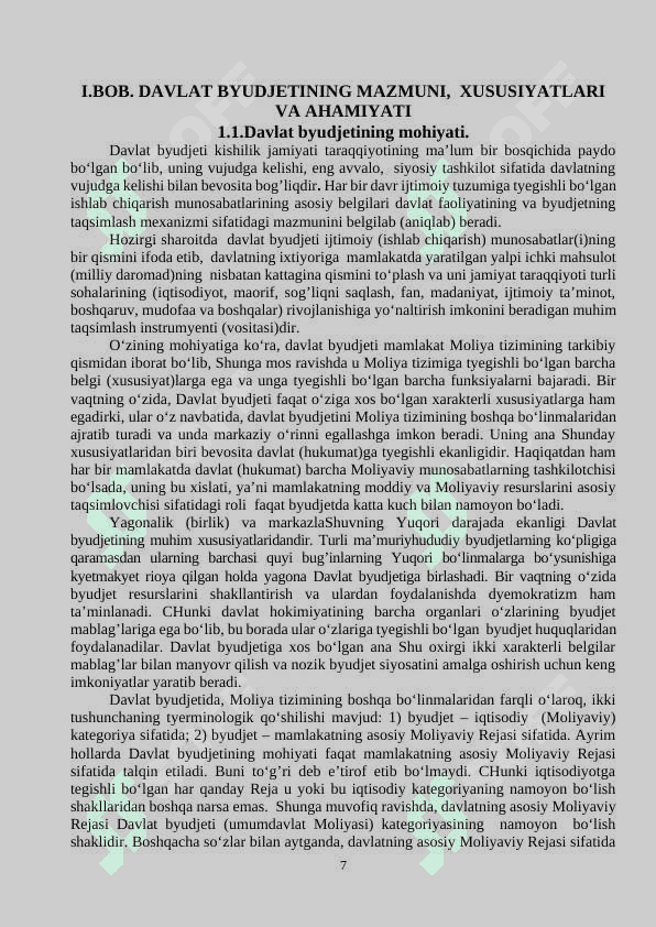 BYUDJET:  UNING SHAKLLANISHI VA   TAQSIMLANISHINING  IQTISODIYOTDAGI AHAMIYATI 7