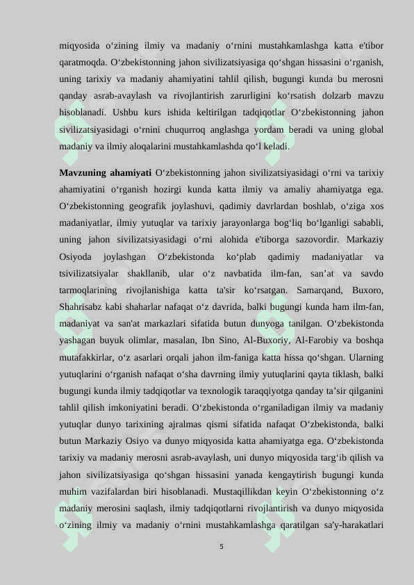 Oʻzbekiston jahon sivilizatsiyasining ajralmas qismi 5