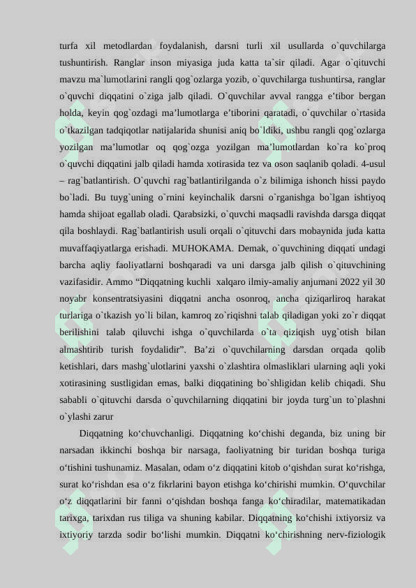O'QITUVCHILARNING DIQQATI VA DARS JARAYONIDA UNDAN FOYDALANISH YO'LLARI referat 4