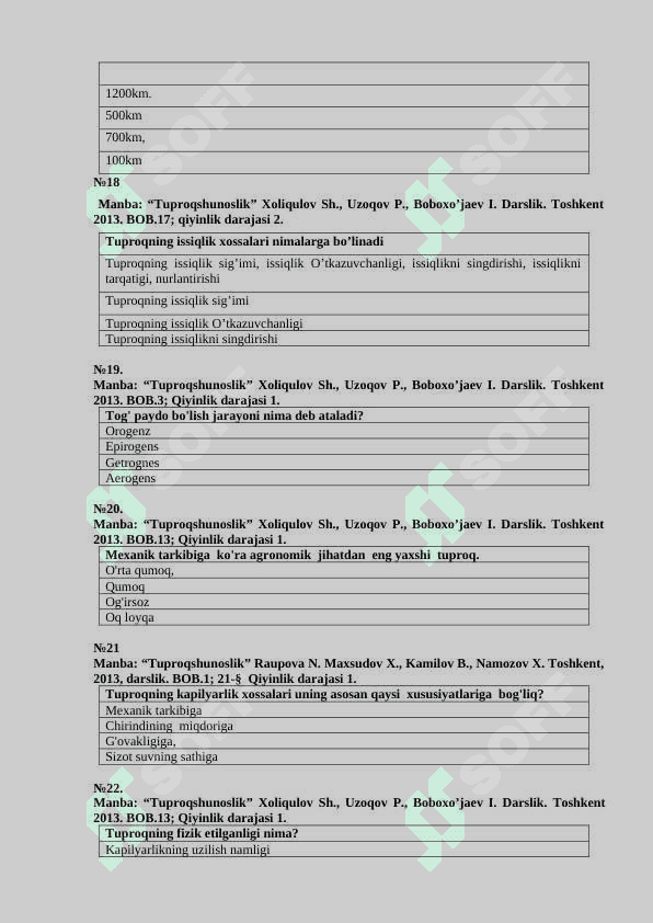 «Tuproqshunoslik va agrokimyo» fanidan attestatsiya test savollari 5