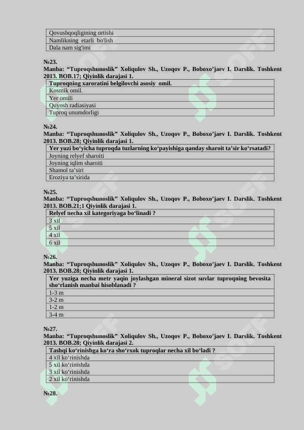 «Tuproqshunoslik va agrokimyo» fanidan attestatsiya test savollari 6