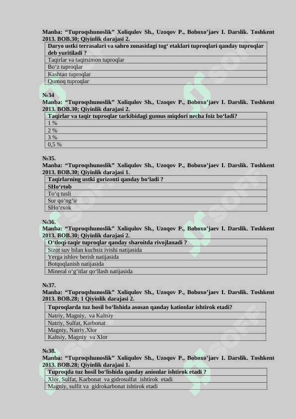 «Tuproqshunoslik va agrokimyo» fanidan attestatsiya test savollari 8