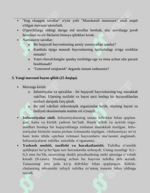 Infuzoriyalar va Sporalilar Sinflari Dars Ishlanmasi 2