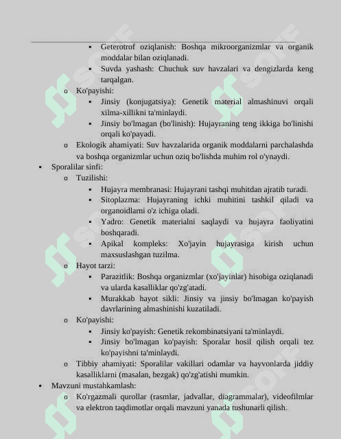 Infuzoriyalar va Sporalilar Sinflari Dars Ishlanmasi 4