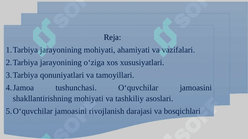 Tarbiya jarayonining  mohiyati  va mazmuni. Tarbiya qonunyatlari va tamoyillari. Jamoa tarbiya ob’ekti va sub’ekti sifatida. 2