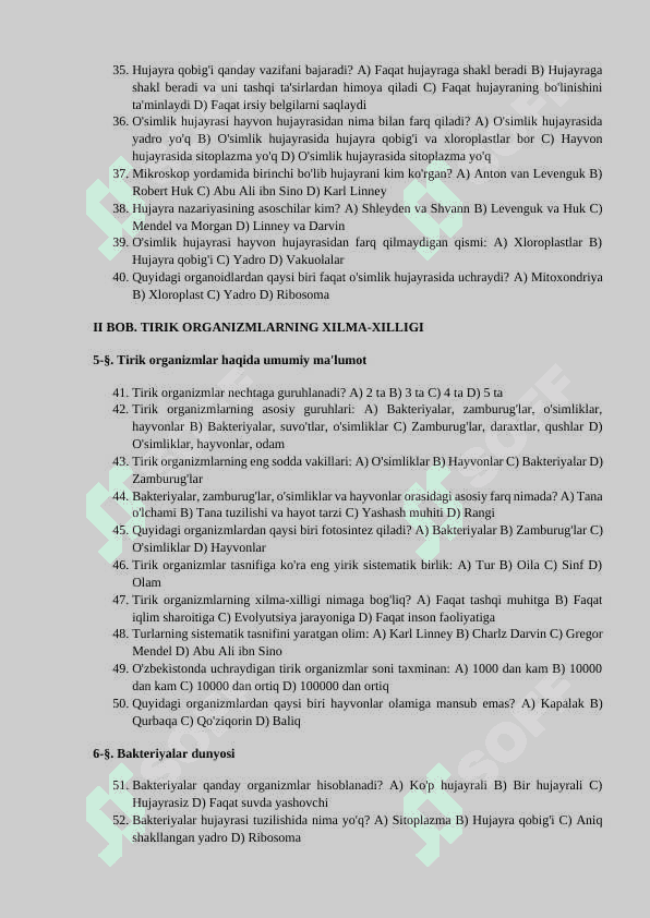 Biologiya fanidan 5-sinf uchun mavzulashtirilgan testlar javoblari bilan 3