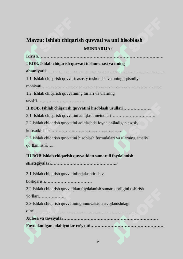 Mavzu: Ishlab chiqarish quvvati va uni hisoblash. KURS ISHI 2