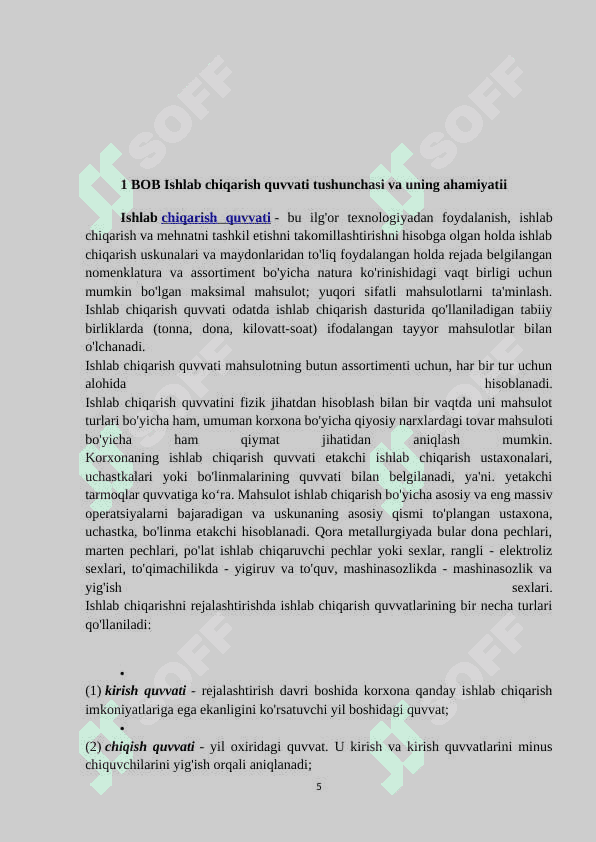 Mavzu: Ishlab chiqarish quvvati va uni hisoblash. KURS ISHI 5