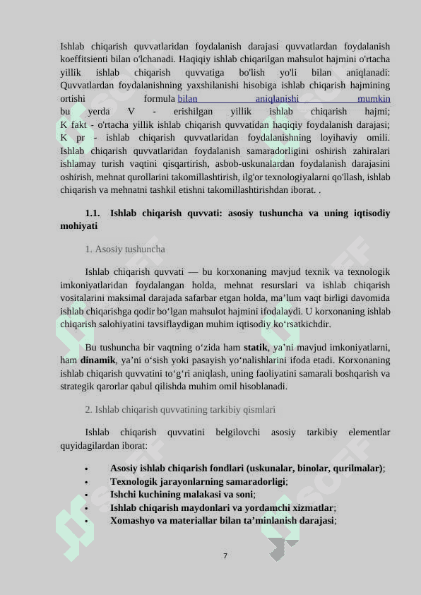 Mavzu: Ishlab chiqarish quvvati va uni hisoblash. KURS ISHI 7