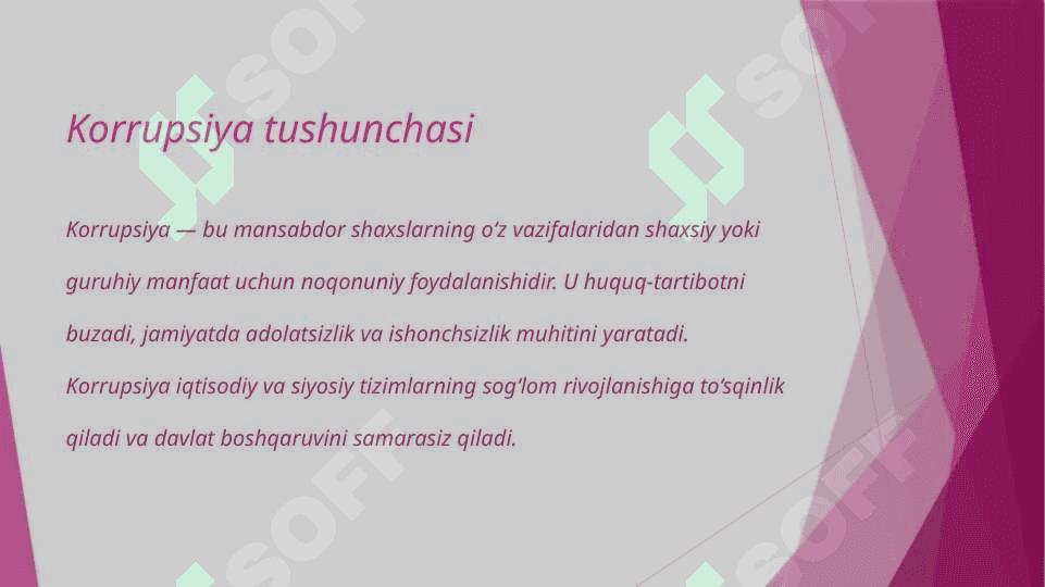 korrupsiyaning mohiyati, oqibatlari va unga qarshi kurash mexanizmlari mavzusida slayd 3