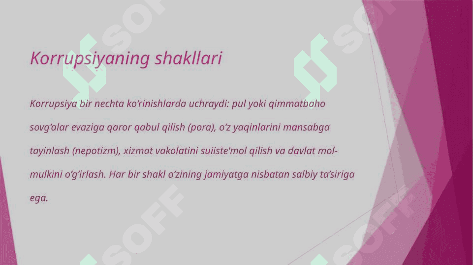 korrupsiyaning mohiyati, oqibatlari va unga qarshi kurash mexanizmlari mavzusida slayd 6