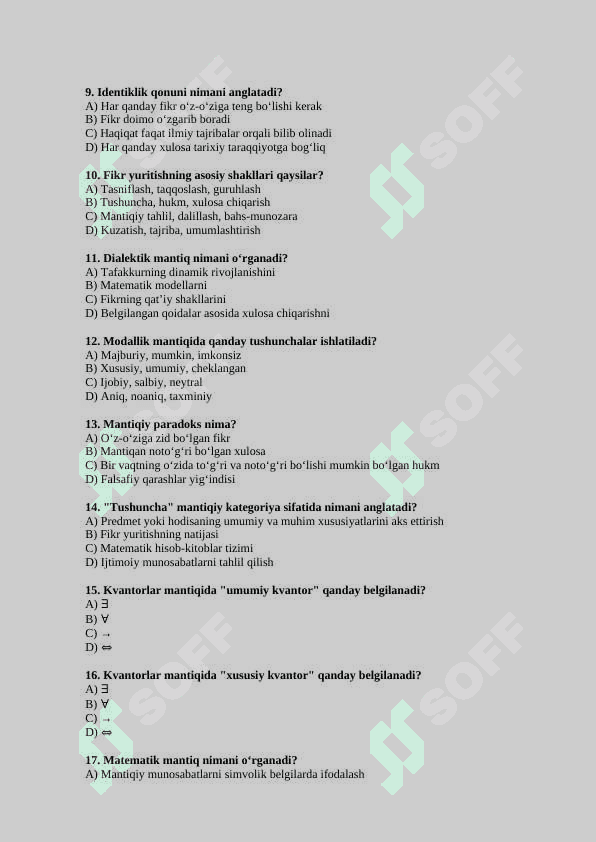 Mantiq mavzusida 20 talik test javoblari bilan 2