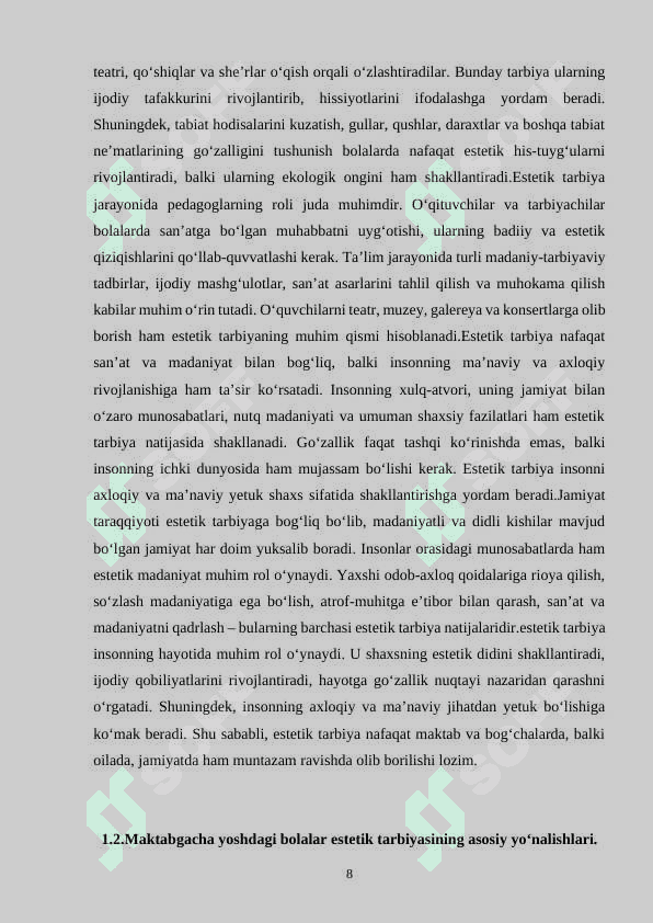 MAKTABGACHA YOSHDAGI BOLALARNI ESTETIK  TARBIYALASHDA BOLALAR KO‘NIKMALARININING O‘RNI 8