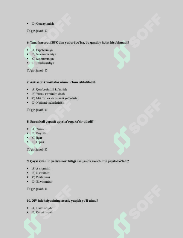 Tibbiyot bo‘yicha nostrifikatsiya testlari (200 ta  test javoblari bilan.) 2