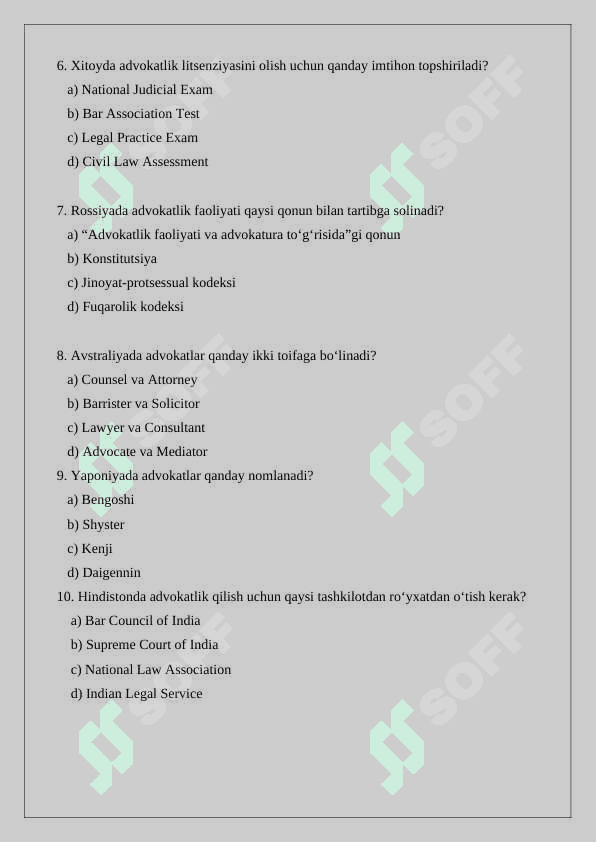 Xorijiy mamlakatlarda advokatura  test savollari 2