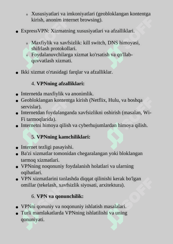 Mavzu:Virtual himoyalangan tarmoq va undan amaliyotda foydalanish (masalan, CyberGhost yoki ExpressVPN misolida). 3