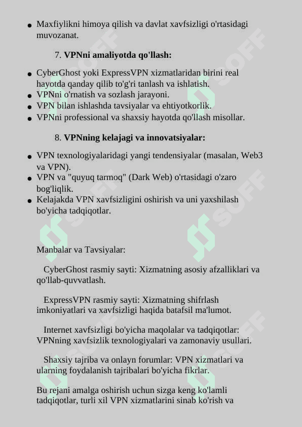 Mavzu:Virtual himoyalangan tarmoq va undan amaliyotda foydalanish (masalan, CyberGhost yoki ExpressVPN misolida). 4