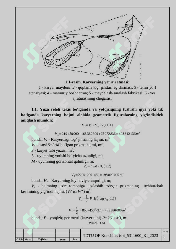 Karyerning hizmat qilish muddati, togʻ jinslarini qazib olishga tayyorlash, qazib-yuklash, tashish va agʻdarma hosil qilish parametrlarini aniqlash 7