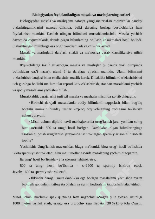 Umumiy biologiyani o'qitishda foydalaniladigan masala va mashqlar o’ziga xos xususiyatlari 2