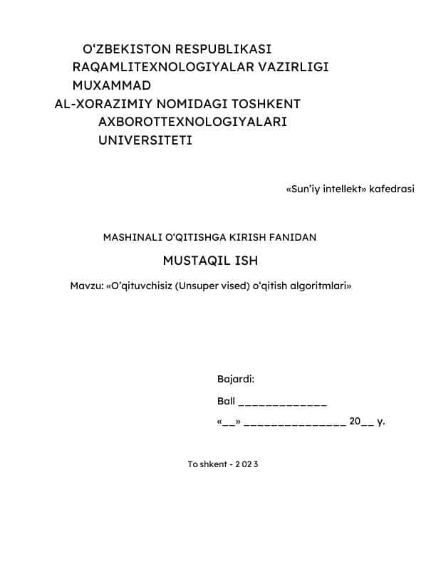 O’qituvchisiz (Unsuper vised) o‘qitish algoritmlari