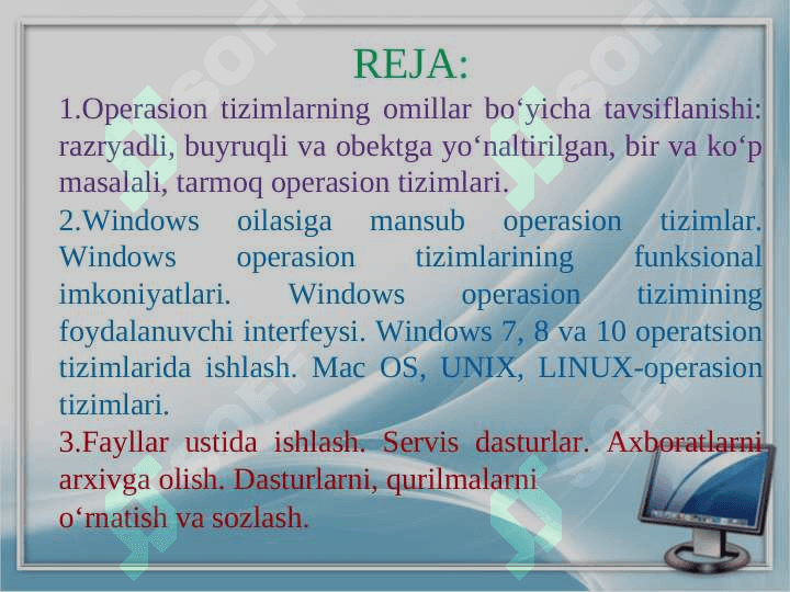 Operatsion tizimlar va Ularning turlari. Windows operatsion  tizimining sozlamalari. 2