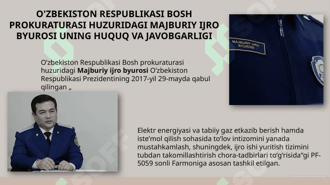 O'zbekiston Respublikasi Bosh prokuraturasi huzuridagi Majburiy ijro byurosi uning huquq va javobgarligi 2