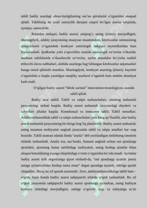 Badiiy asar tahlili (ixtiyoriy). Oʻqilgan badiiy asarni “Idrok xaritasi” innovatsion texnologiyasi asosida tahlil qilish. 5
